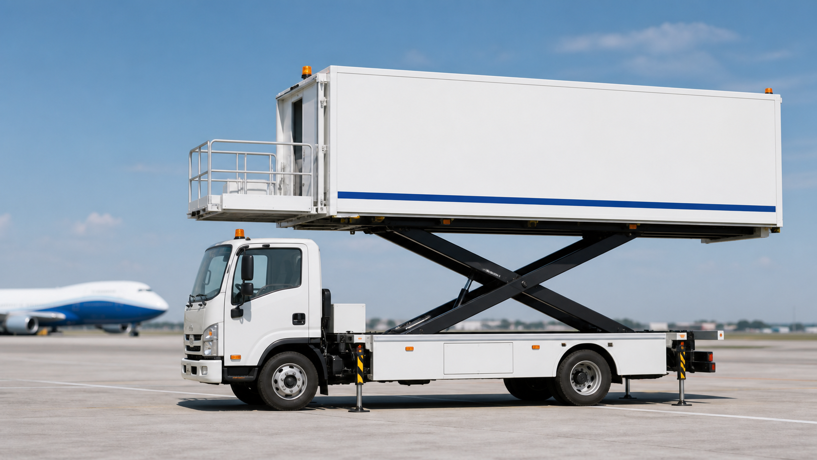 Airline catering lift truck raised on an airport tarmac